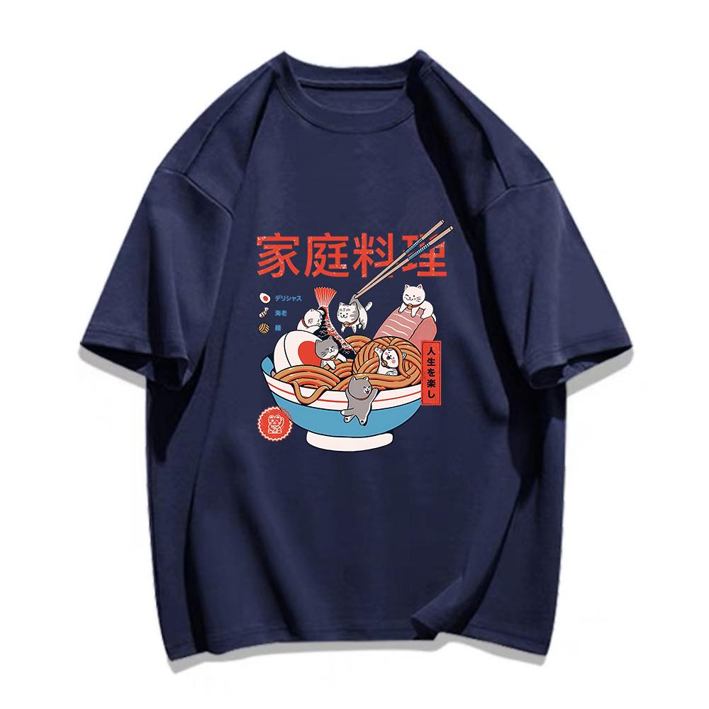Ramen Cats Women Japanese Anime Characters T-shirts 100% Cotton Casual T Shirts Summer Harajuku Kawaii Clothing Slight Strech