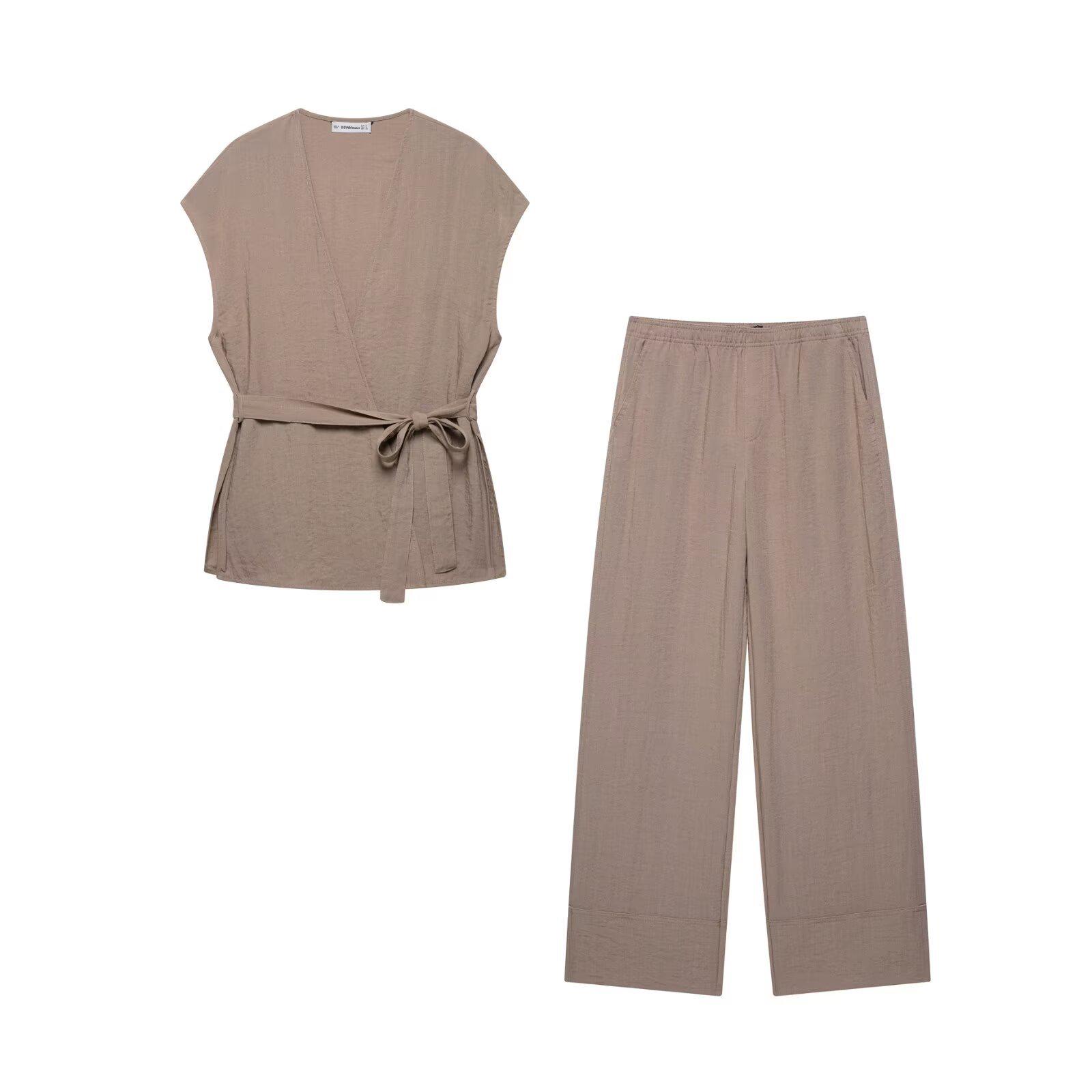 

2025 Summer Women s Casual Loose Kimono Vest & Straight-Leg Pants Set L