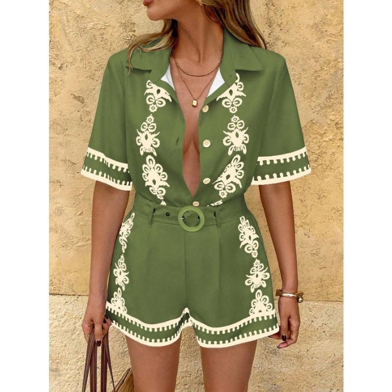 Women 2 Piece Set Floral Embroidered Short Sleeve Shirt and High Waist Shorts With Belt Multi Color