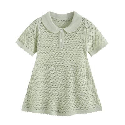 Girls Knit Dress Summer Thin Short Sleeve Button Down Collar Hollow Out Waist Cute Princess Dress for Toddler Kids