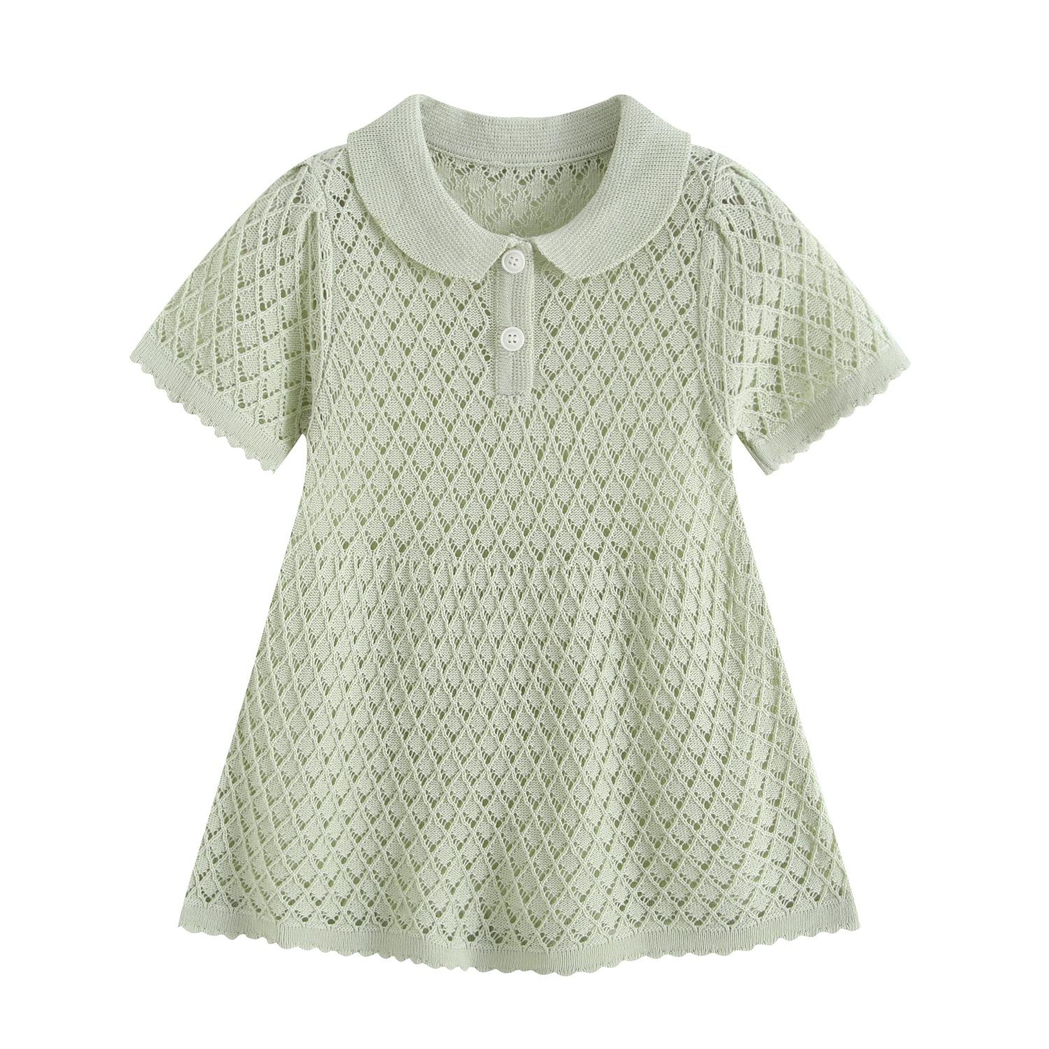 

Girls Knit Dress Summer Thin Short Sleeve Button Down Collar Hollow Out Waist Cute Princess Dress for Toddler Kids 110cm світло-зелений колір