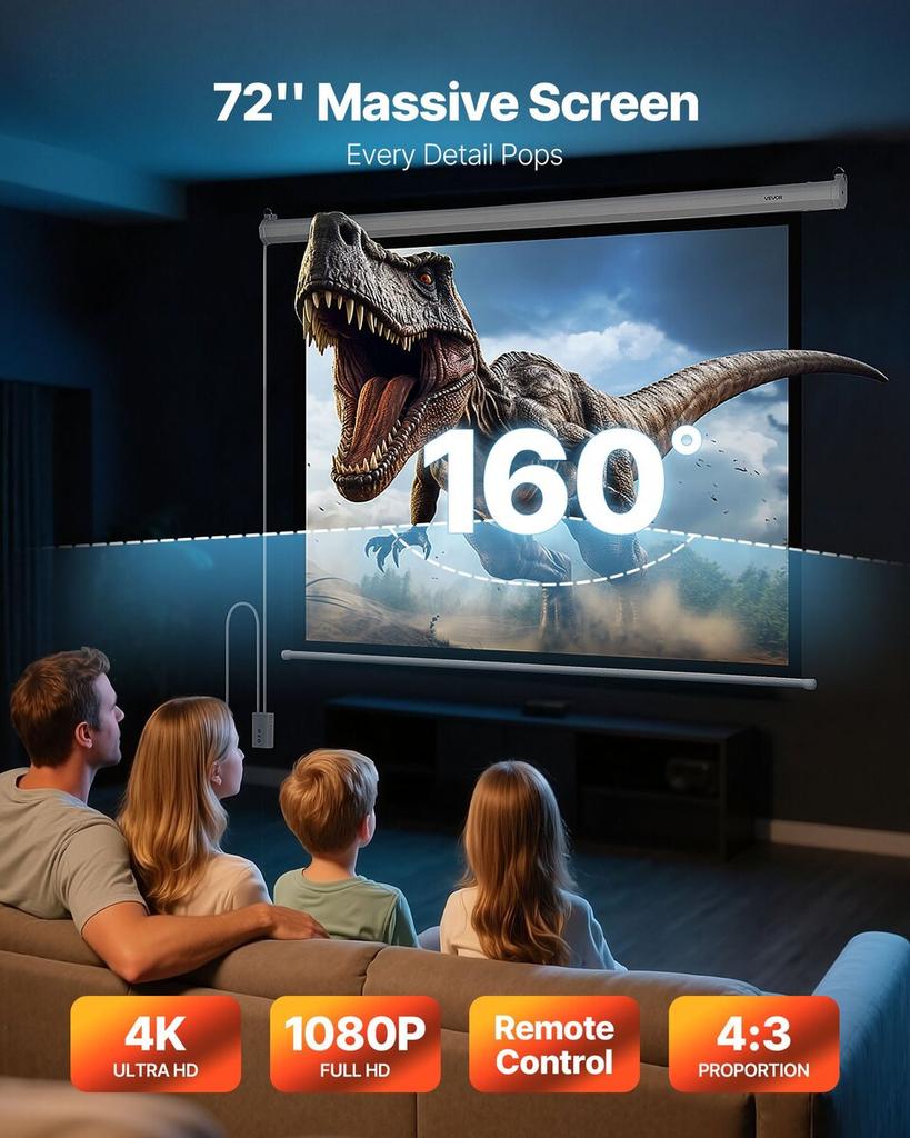 Motorized Projector Screen, 1829 mm 4:3 1080 HD Electric Projection Screen, Wall Mounted Projection Dispaly Projector with Remote Control, Automatic