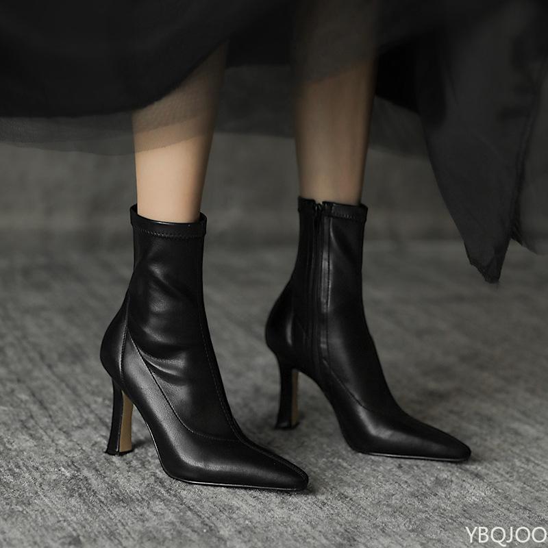 Fashion Women's high-heeled short leather boots for autumn winter comfortable versatile pointed slender heel style ankle short boots