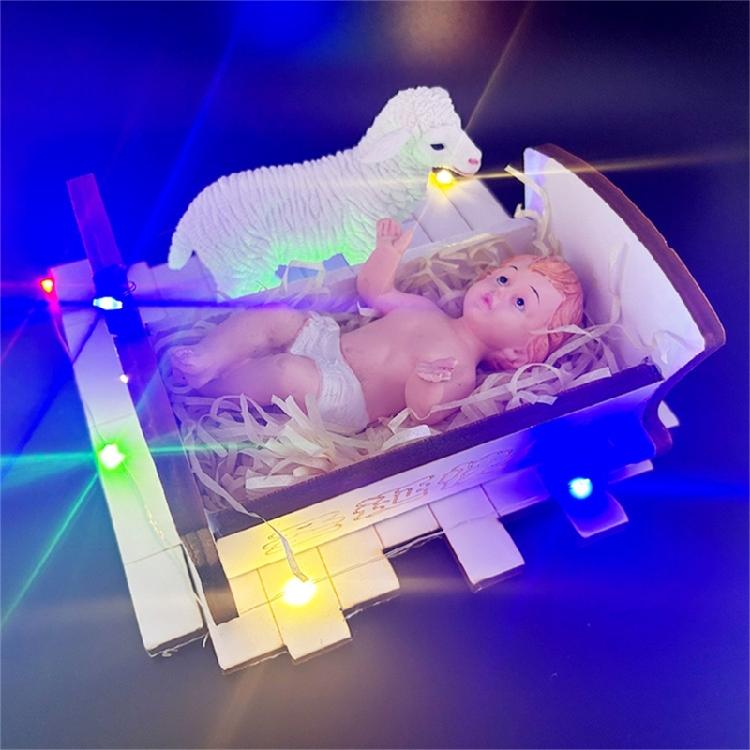 Nativity Scene Home Decor with LED Colorful Light, Christmas Ornament Catholic Figurine Holy Statue New Year Crafts Gift