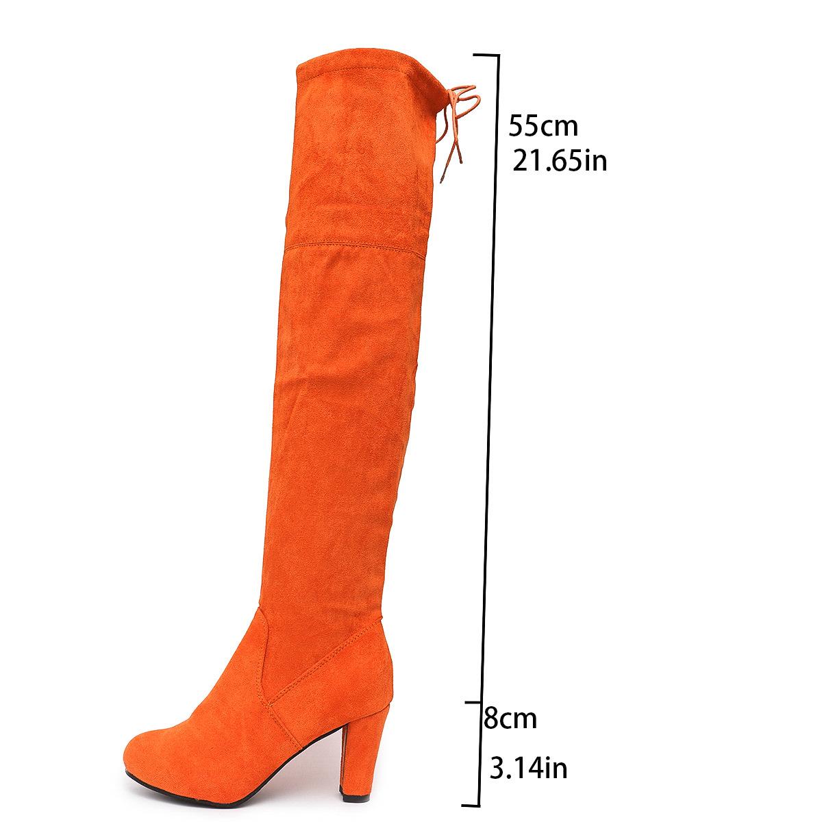

2025 зима большой размер задняя шнуровка замшевые эластичные ботфорты до колена толстый каблук круглый носок европейский и американский внешняя торговля высокий каблук модные ботинки женские 43 оранжевый