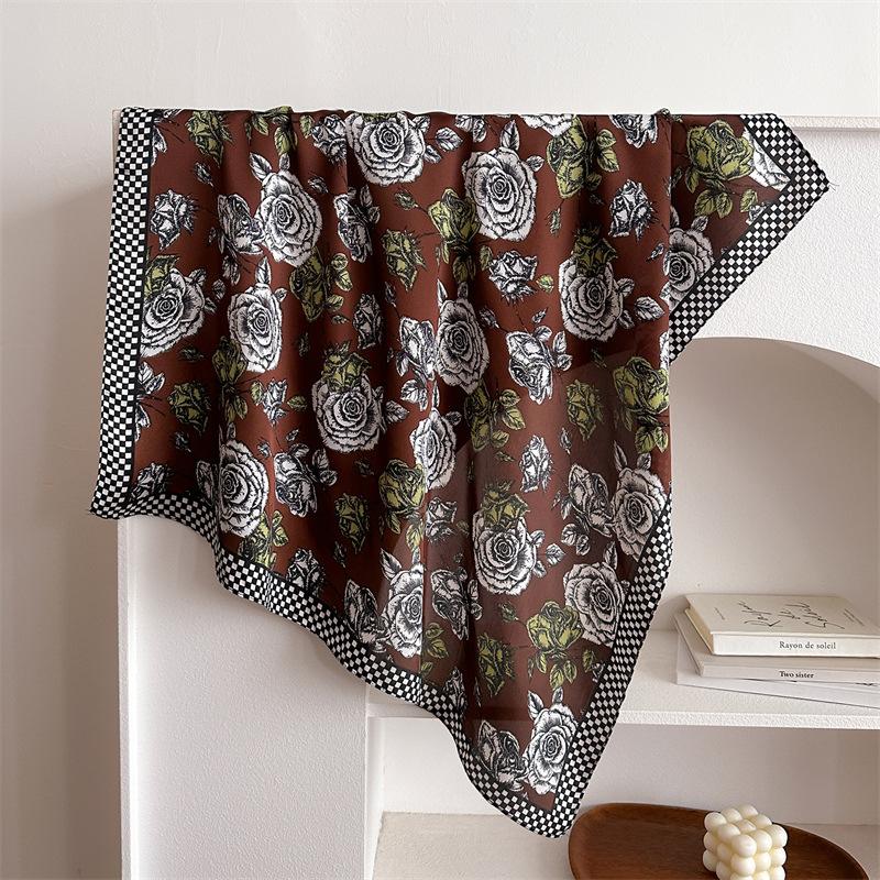 European and American rose small square scarf simulation silk scarf headscarf women's spring and summer scarf printed neck protection scarf profession