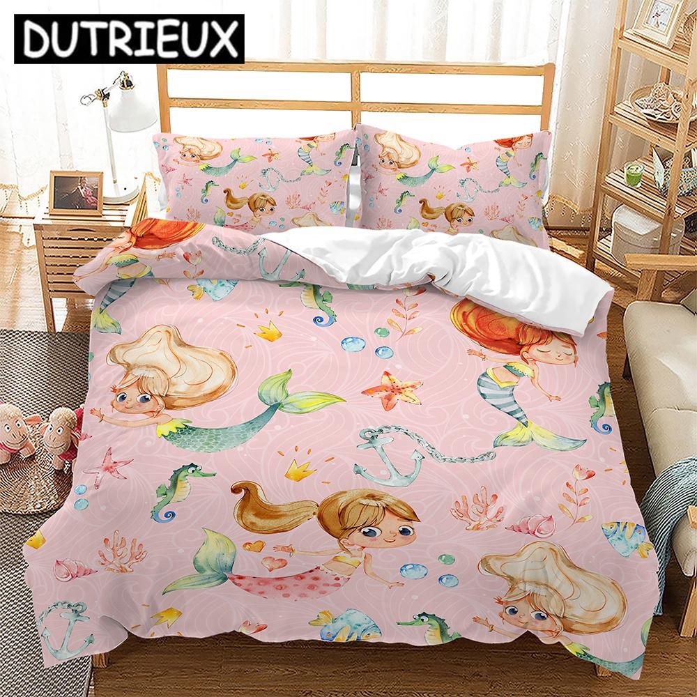 Single/Twin/Double/Queen/King Size 3D Mermaid - Themed Bedding Set with Duvet Cover and Pillowcases for Girl Kids