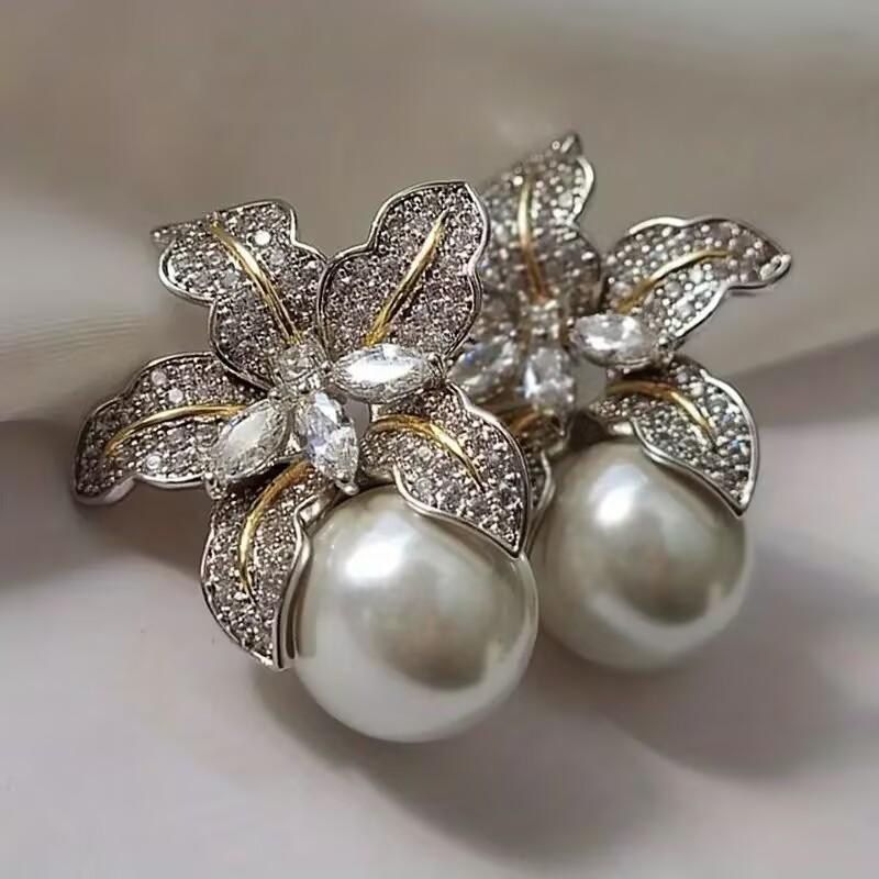 Wunderschöne Blumen-Imitationsperlen-Ohrringe für Damen, Luxus, mit funkelnden Zirkonia-Steinen besetzt, Hochzeits-Schmuck, Große Mengen