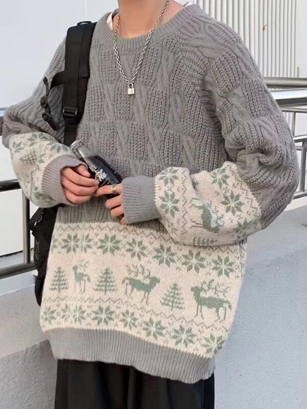 Men's Autumn/Winter Korean-Style Patchwork Sweater: Trendy, High-End, Loose, Lazy-Style Round Neck Knitwear for Couples