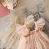 Girls' Flower Embroidered Tulle Dress: Summer Style with Puff Sleeves and Net Yarn Skirt