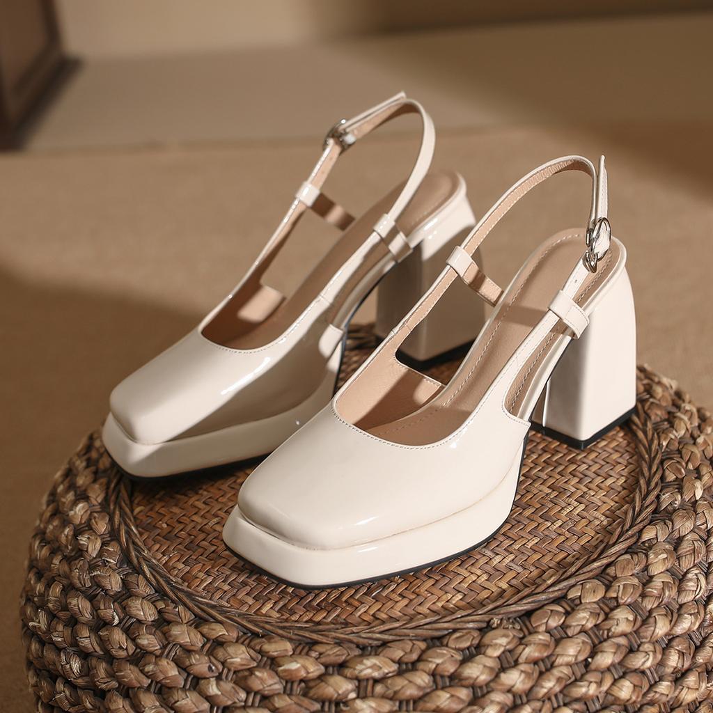 European and American retro square head Mary Jane shoes spring 2025 empty high heels waterproof table patent leather thick heel single shoes women