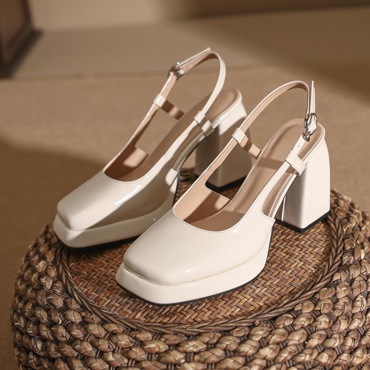 

European and American retro square head Mary Jane shoes spring 2025 empty high heels waterproof table patent leather thick heel single shoes women 40