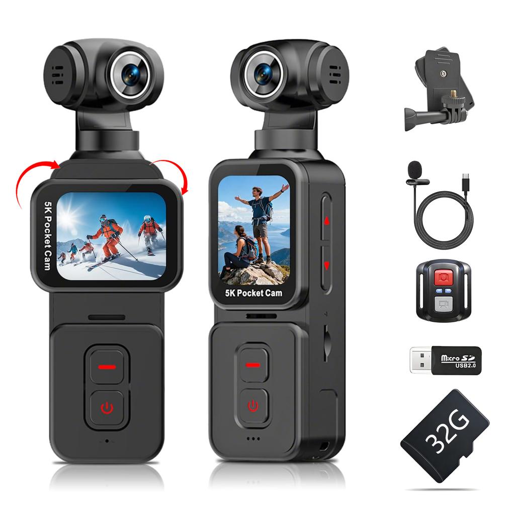5K Pocket Action Camera with 6-Axis Gimbal Stabilizer, 270° Rotatable Motorized Lens, Face Tracking, WiFi APP Control, 1.69" Touch Screen