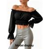 Fashion Women Ruffle Off Shoulder Crop Blouse Long Puff Sleeve Slim Ruched Hem Casual Clubwear Top
