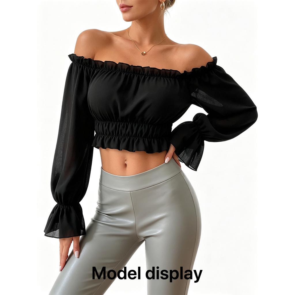 Fashion Women Ruffle Off Shoulder Crop Blouse Long Puff Sleeve Slim Ruched Hem Casual Clubwear Top