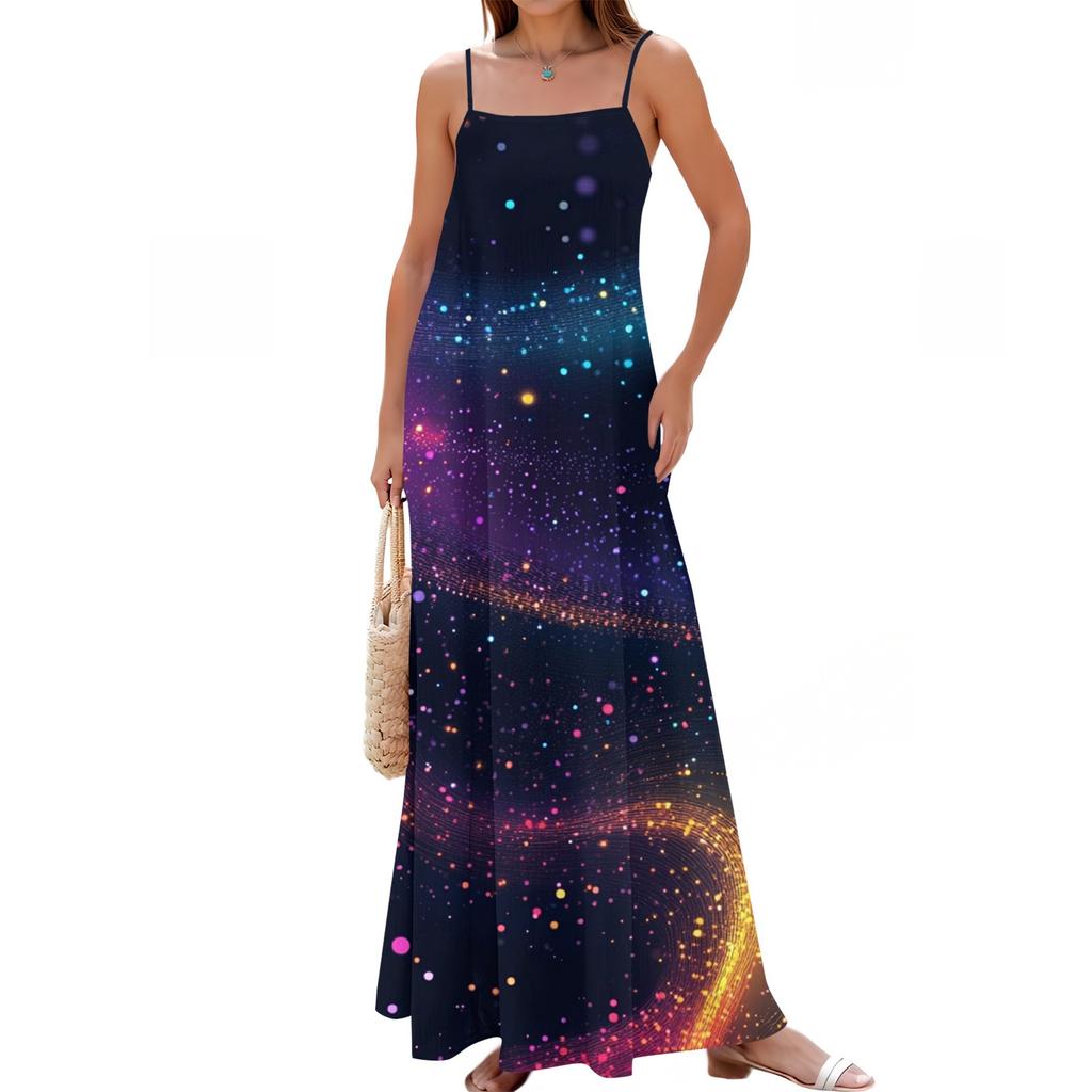 Women's Spring And Summer Casual Fashion Adjustable Suspenders Printed Long Dress