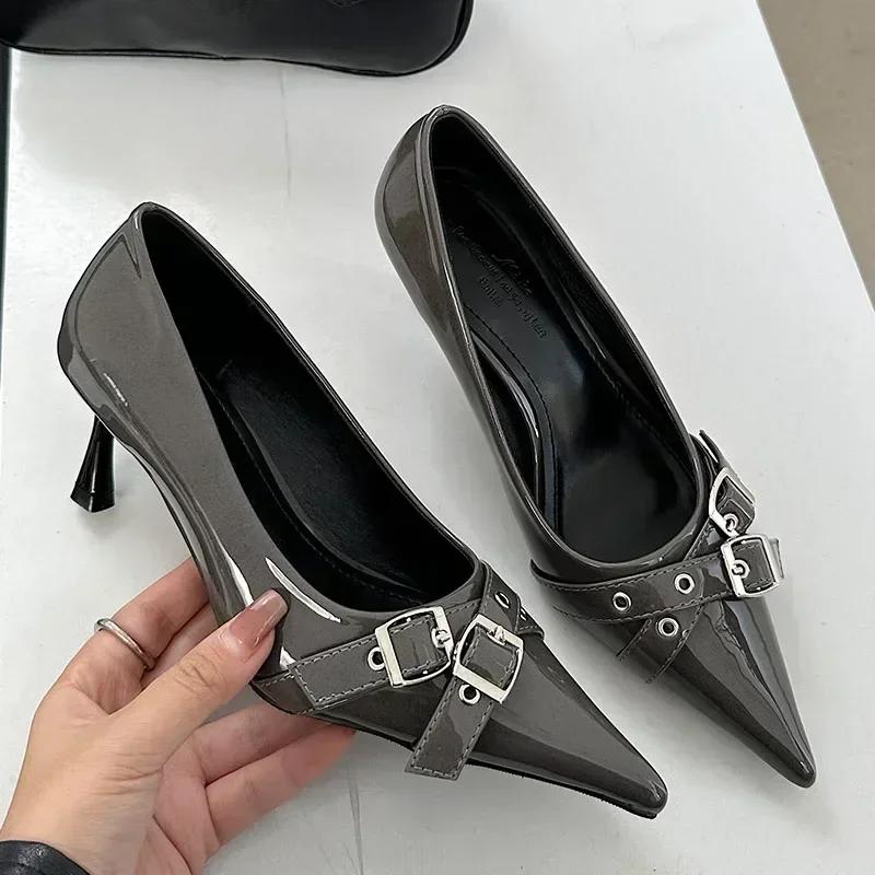 Fashion Elegant Patent Leather Metal Belt Buckle Designer Women Pumps Sexy Pointed Toe Thin High Heels High Quality Mary Jane Mules Shoe