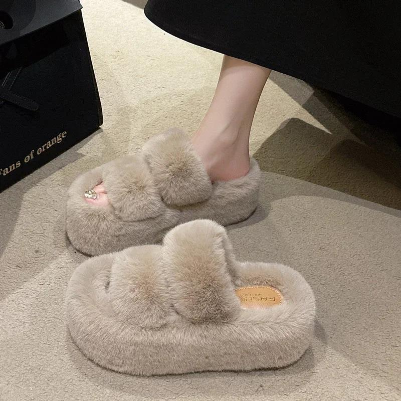 Women Winter Fluffy Fur Slippers Winter Warm Cotton Slipper Comfort House Slides 7cm Height Increase Platform Slippers for Women