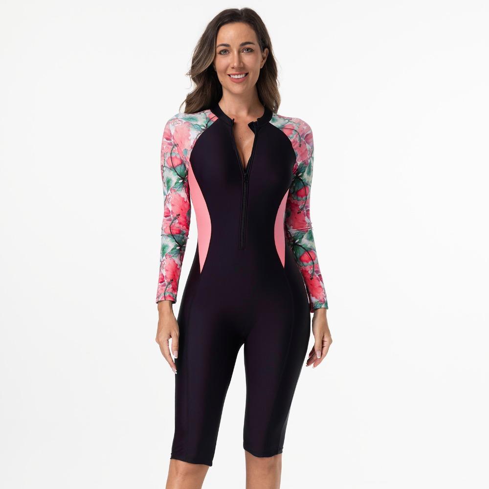 European and American One-piece Swimming Flat Angle Diving Long Sleeve Printing Middle East Conservative and Thin Zipper Swimsuit Women
