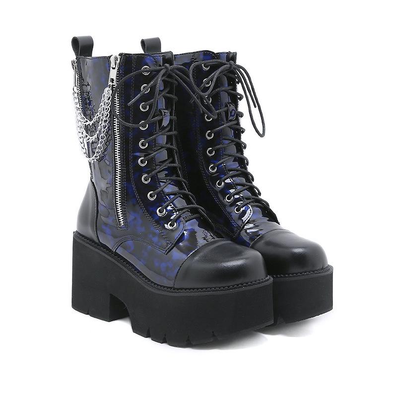 Fashion Autumn Winter Waterproof Women Leather Boots Punk Style Chain Design Female High Top Motorycle Boots Thick Soled Women Shoes
