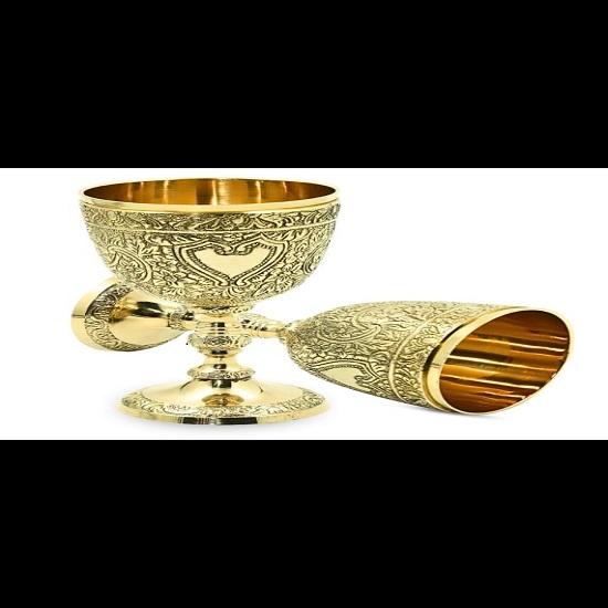 Etched Brass Goblets Set of 2 Heart Design, Boho Bar Decor