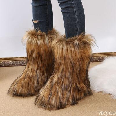 Fashion Women's Winter Snow Boots Outdoor Luxury Furry Faux Fox Fur Boots Woman Plush Warm Platform Shoes New Fashion Bottes Big Size