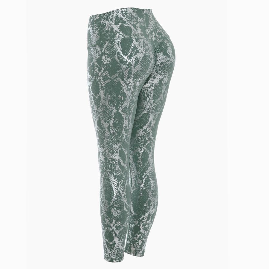 Leggings a Vita Alta Compressione con Stampa Serpente Metallizzata e Modellatura Glutei Pesca per Yoga, Fitness e Allenamento