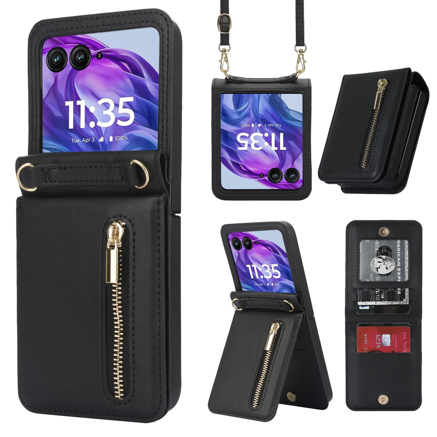 

Crossbody Cards Solt Zipper Wallet Leather Phone Case For Motorola Razr 50 Ultra Cover With Lanyard Card Holder Bag Funda Coque Moto Razr 50 чёрный