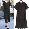 Plus Size Women's Retro Style Summer Dark Blue V-neck Single Breasted Simple Mid-Length Short Sleeve Dress Women Dress
