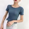 Women Summer Knitted Ice Silk T-Shirt Tops Short Sleeve Slim Fungus Leaf Collar High Waist Solid Color Cool