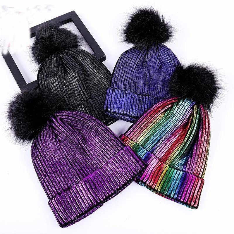 Hot Gold Silver Beanies Woolen Hat Female Autumn Winter Students Warm Woolen Knit Hat Reflective Beanies