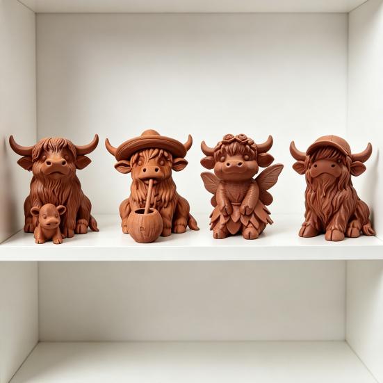 Rustic Highland Cow Ornament, Terracotta Color 3D Printed Cow Statue, Cute Highland Cow Figurine for Home Desk Shelf Farmhouse Decor