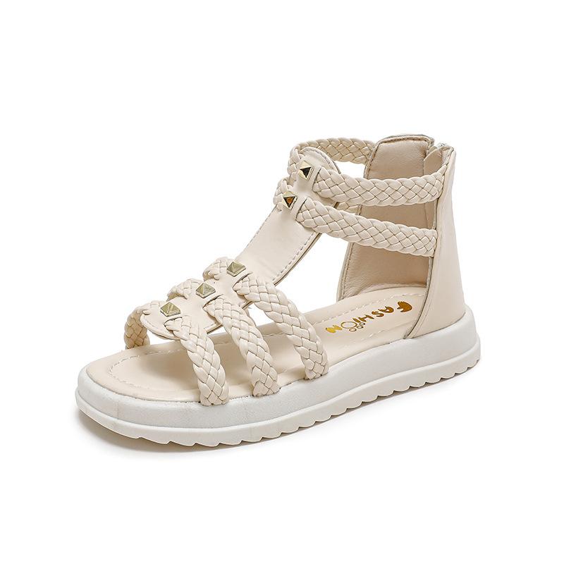 Girls Roman Sandals Open Toe Braided Solid Color High-top Simple Rivets Summer Hollow Flat Casual Shoes