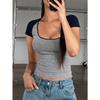 Women Black White Raglan Sleeve Square Neck Fitted Cropped T Shirt