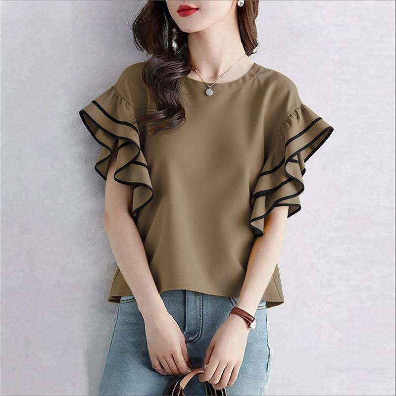 

ZANZEA Женская повседневная блузка с круглым вырезом, рукавами-рюшами и свободного кроя для лета S хаки