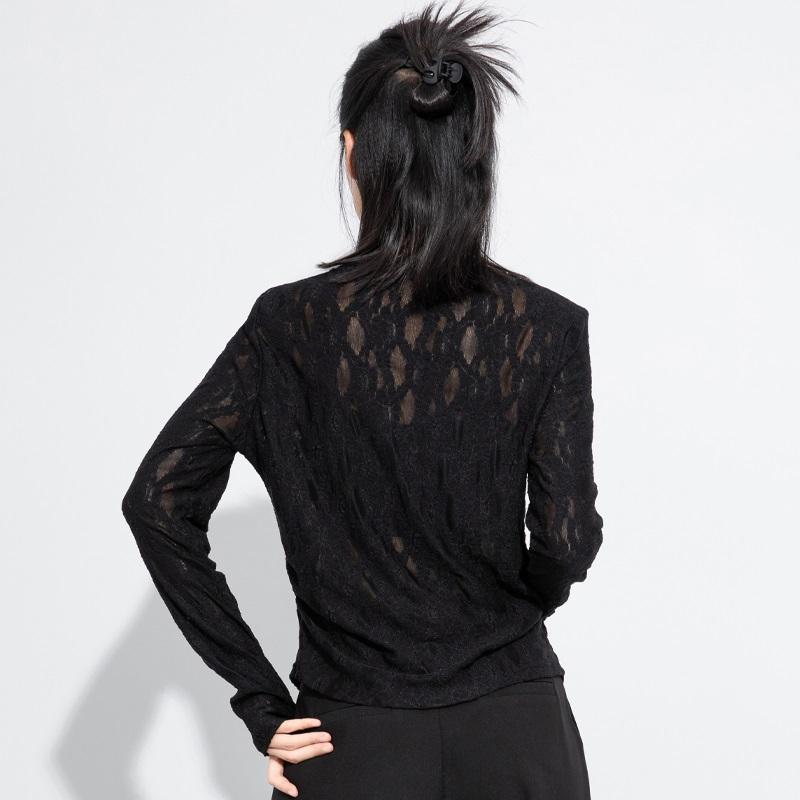 long sleeve Oversized black lace sexy hollow out Casual loose t shirt tops Women spring autumn t-shirt