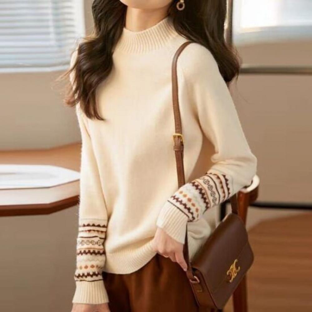 Navava Women Nordic Point Sleeve Half Polo Long Sleeve Knit Tee Nk3511