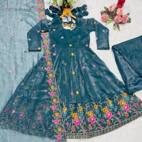 Women's Floral Embroidered Anarkali Set with Sheer Dupatta