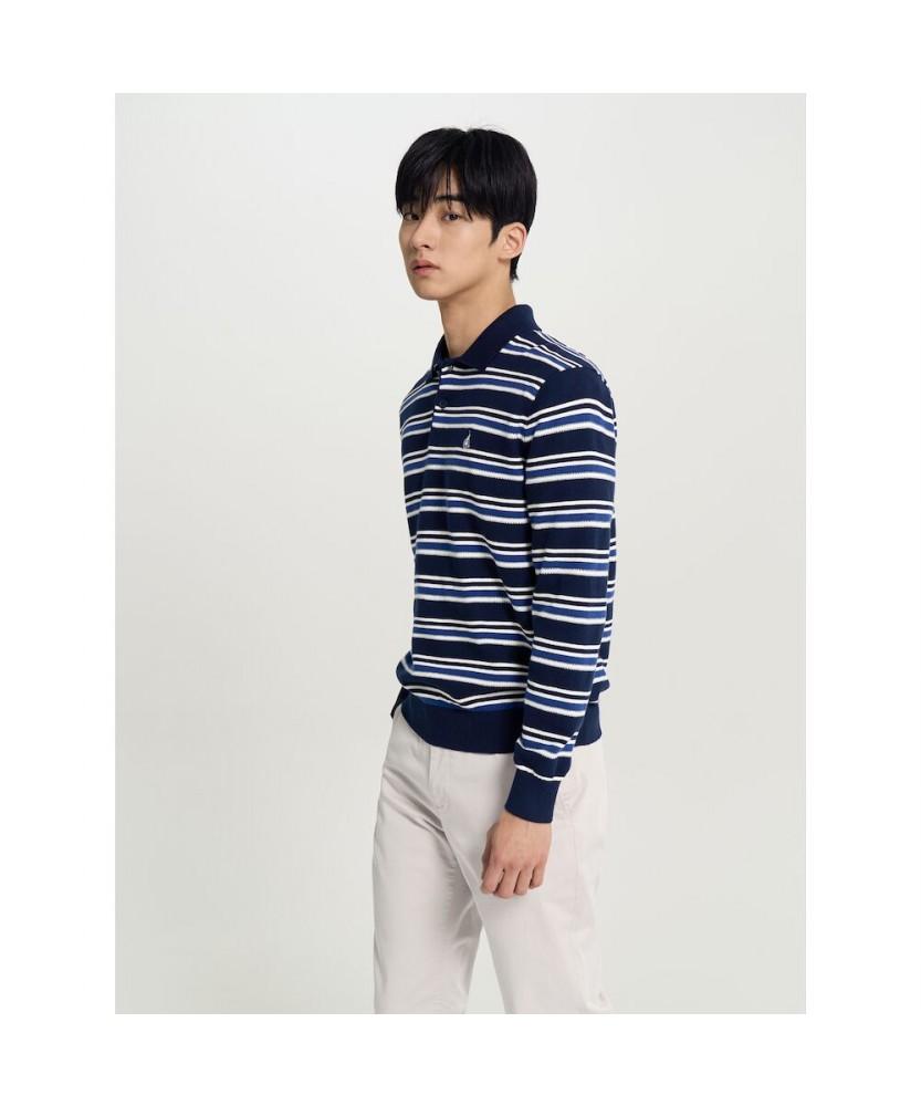 Binpolmen Multi-Stripe Collared Neck Knit Navy
