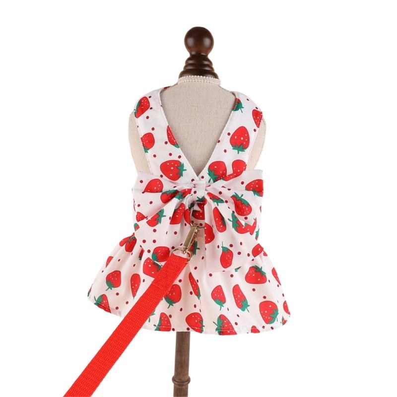 Lovely Strawberry Print Pet Dress Harnesses Holiday Washable Pet Costume with Bowknot and Matching Leashes