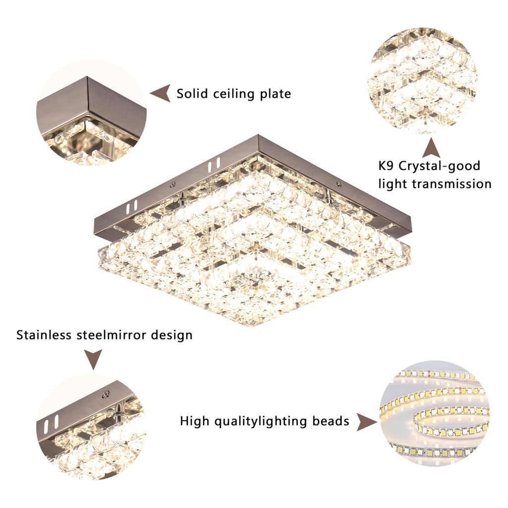 Dimmable LED K9 Crystal Ceiling Light 3 Tiers Square Surface Mounted Ceiling Lamp with Remote Control for Hotel Home Decor