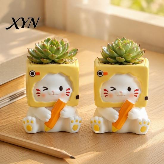 Mini Resin Flowerpot Holding Pen Cat Planter Pot, Shaped Flowerpot, Office Desk Succulents Plants Container for Home Balcony Animal Plant Pot