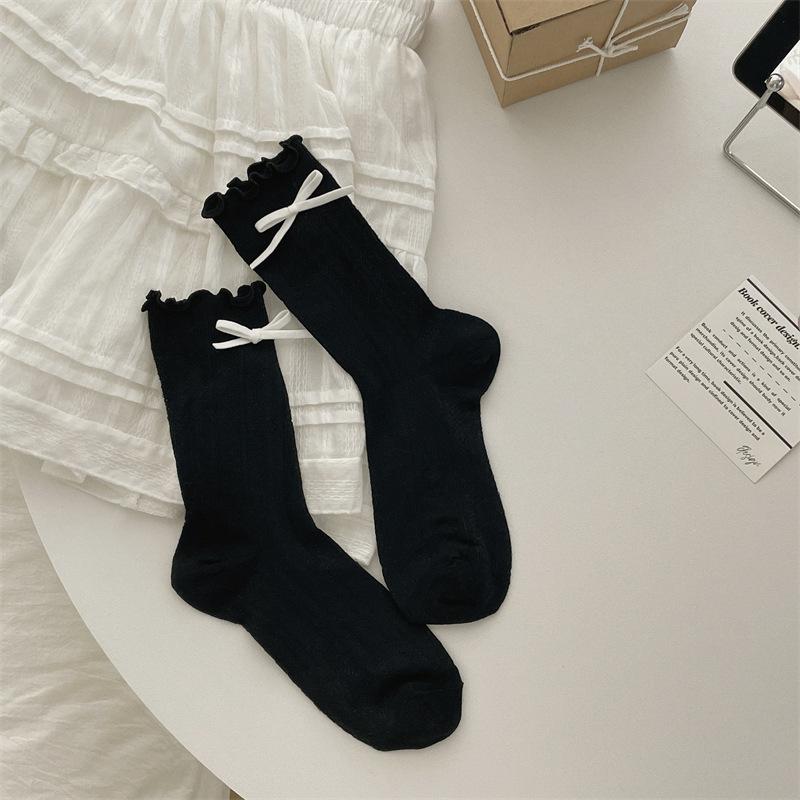 Sweet And Versatile Summer New High-Elastic Cotton Fungus Edge Love Hollow Macaron Bow Thin Socks