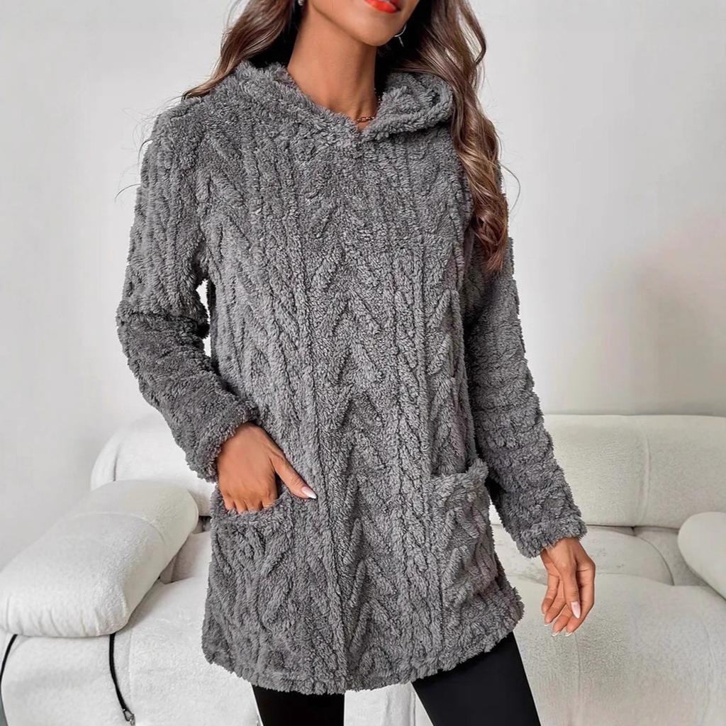 Women's Fashion Casual Solid Color Hooded Sweatshirt With Loose Fit And Fleece Pockets