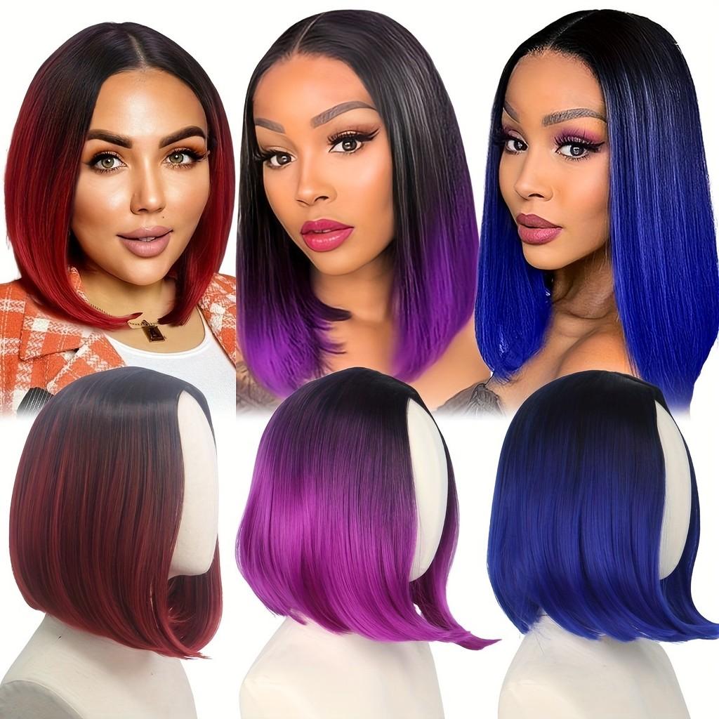 Premium Short Wig With Middle Part For Women Black Blue For Cosplay