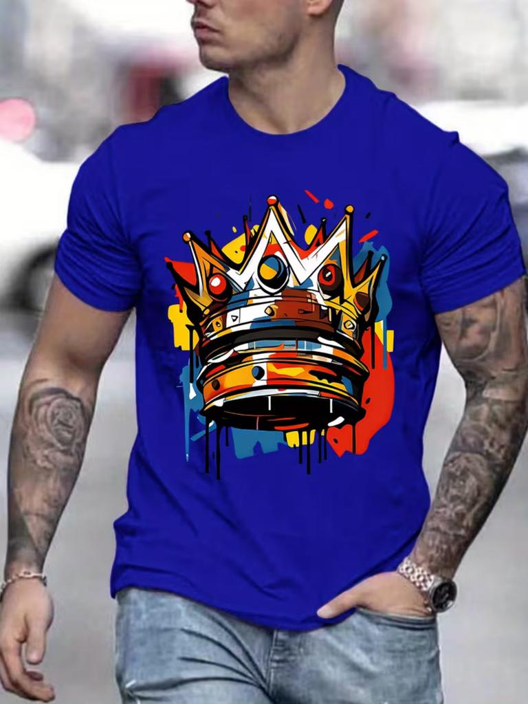 Colorful Graffiti Crown Graphic Unisexs T Shirt Street Splash Paint Art Short Sleeve Crew Neck Cotton Tee Urban Casual Top