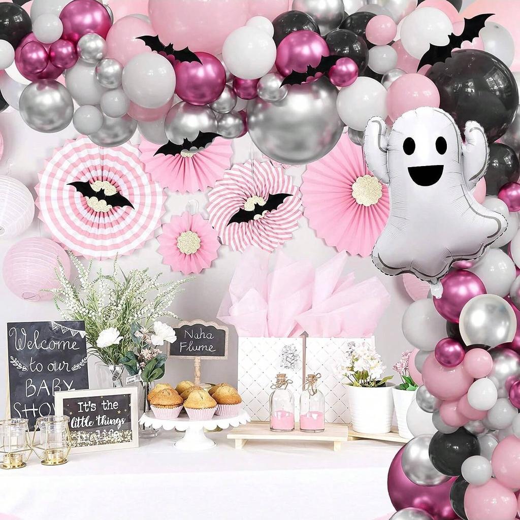 174pcs Girl Halloween Theme Party Balloon Wreath Set Pink Black Halloween Party Background Decoration