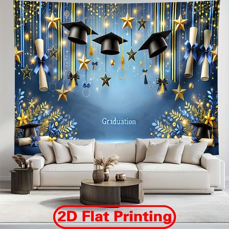 2D Blue Graduation Backdrop Gold Star Cap Diploma Graduation Photo Booth Background