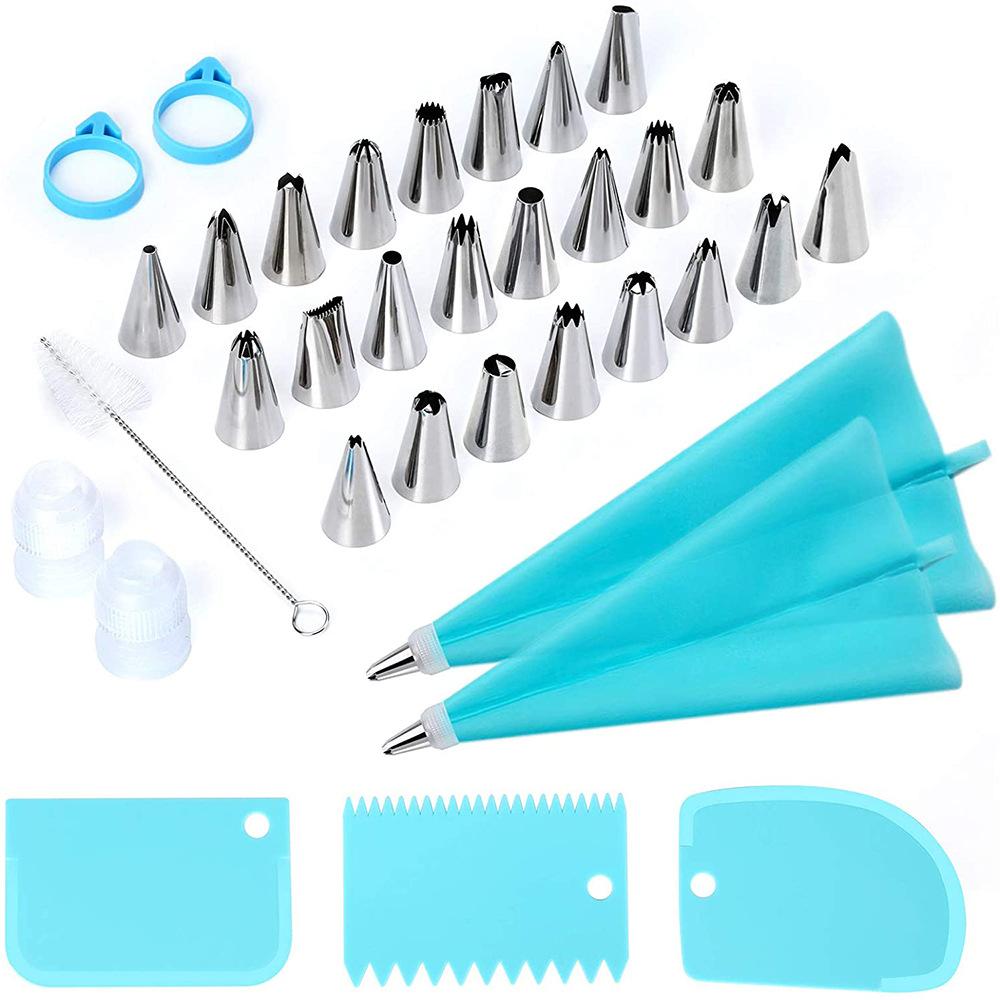34-Piece Stainless Steel Cake Decorating Nozzle Set with Silicone Piping Bags and Scrapers for DIY Baking and Pastry Decoration