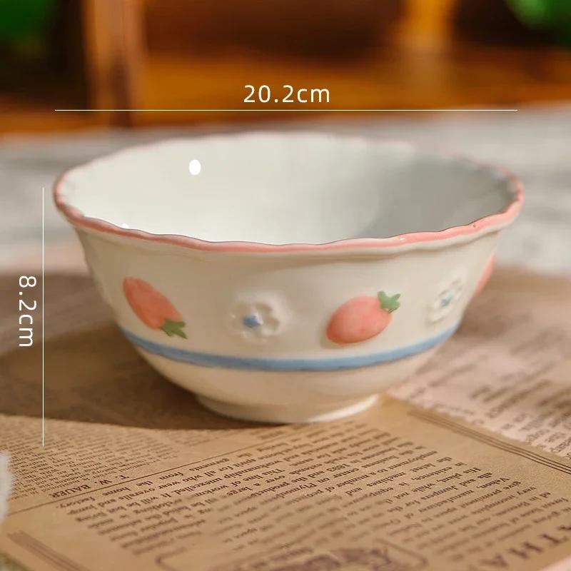 Cute Pink Strawberry Hand-painted Underglaze Ceramic Tableware Household Soup Bowl and Dish Set Dinner Plates